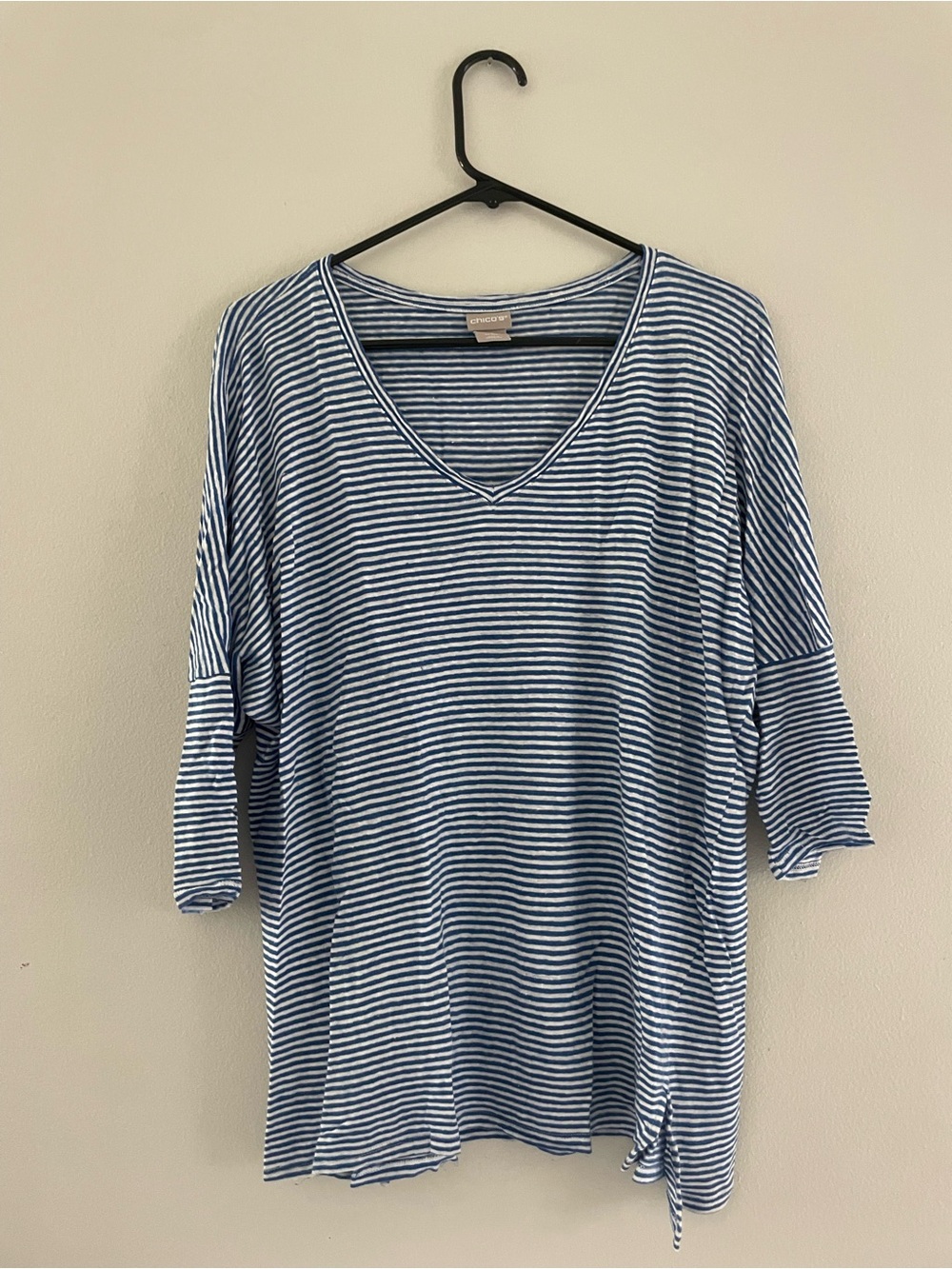 Chico's Blue and White Linen Striped V-Neck Tunic